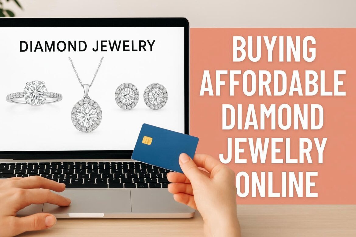 A woman browsing affordable diamond jewelry online, including rings, earrings, and necklaces, displayed on a laptop screen