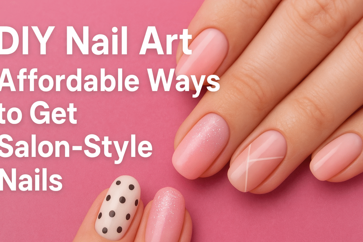 DIY nail art designs on natural nails showcasing affordable salon-style manicure ideas with polka dots, glitter, and minimalist lines.