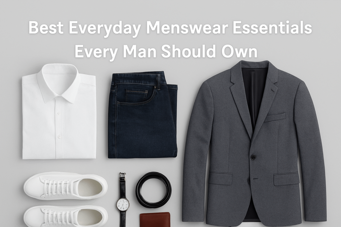 Best Everyday Menswear Essentials Every Man Should Own Everyday menswear essentials – shirts, jeans, blazer, sneakers, and watch arranged stylishly