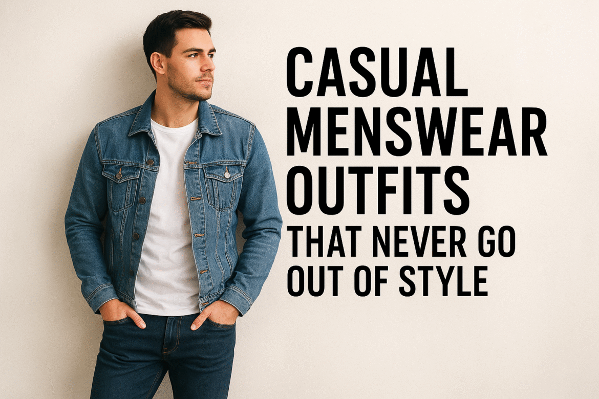 Casual Menswear Outfits That Never Go Out of Style Stylish young man in casual menswear wearing a white T-shirt and denim jacket with text overlay “Casual Menswear Outfits That Never Go Out of Style.