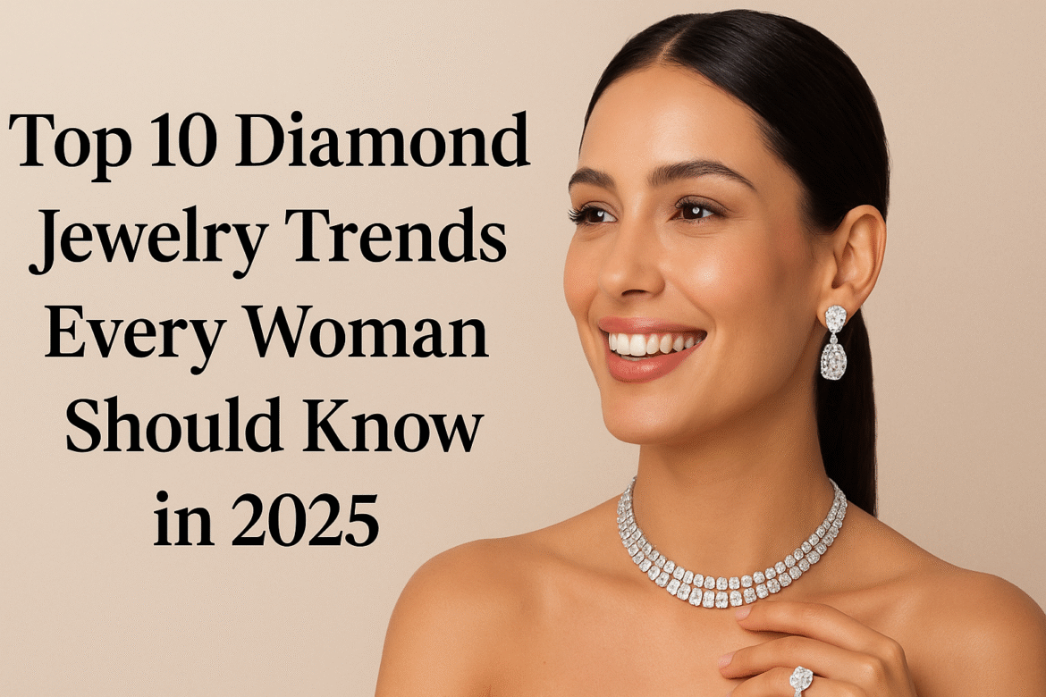 Elegant woman showcasing 2025 diamond jewelry trends with choker necklace, drop earrings, and diamond ring.