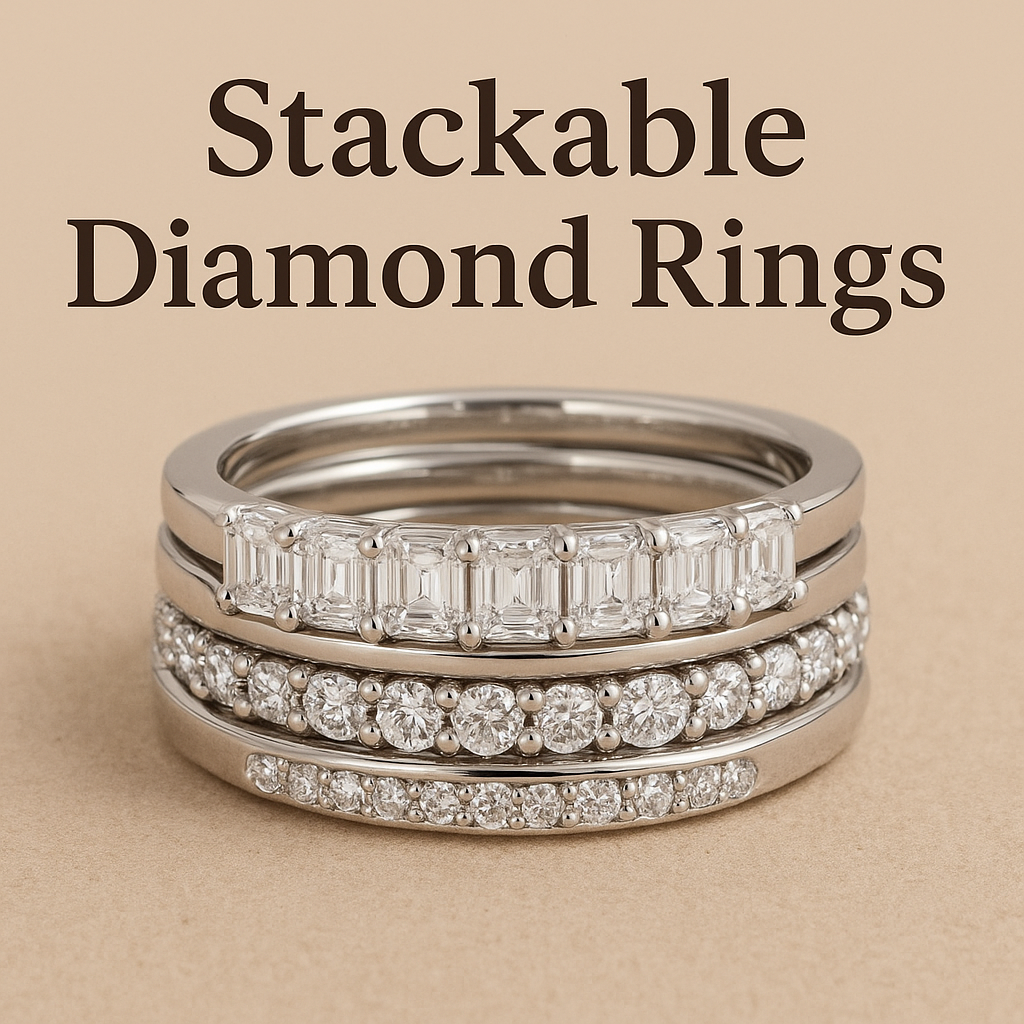 Close-up of three elegant stackable diamond rings in white gold featuring emerald-cut and round brilliant diamonds, styled for 2025 jewelry trends.
