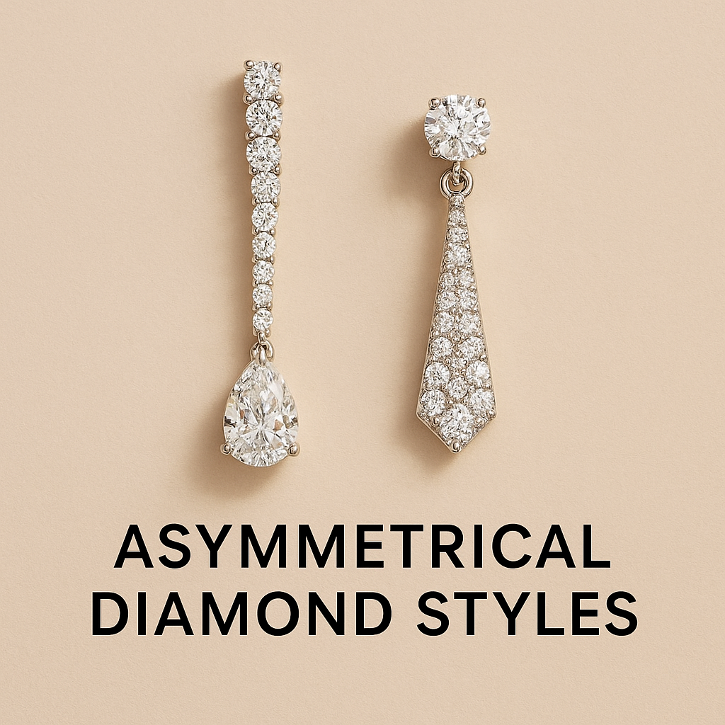 Pair of asymmetrical diamond earrings in white gold, featuring a linear drop with a pear-shaped diamond on one side and a geometric pave-set design on the other, highlighting 2025 jewelry trends.