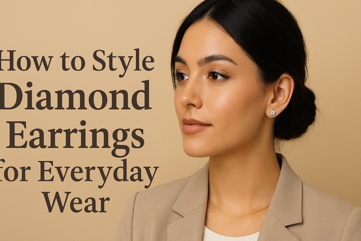 Stylish woman showcasing how to wear diamond stud earrings for everyday fashion, paired with a beige blazer and natural makeup against a neutral background.