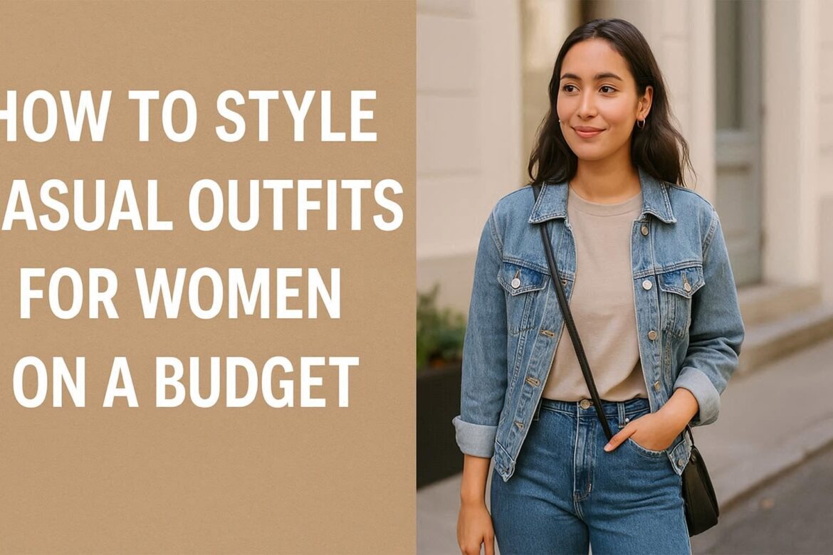How to Style Casual Outfits for Women on a Budget Stylish woman wearing casual outfit with jeans, white t-shirt, and denim jacket on a budget-friendly look