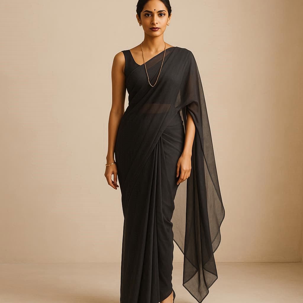 Elegant woman in chiffon saree styled to look slim and graceful