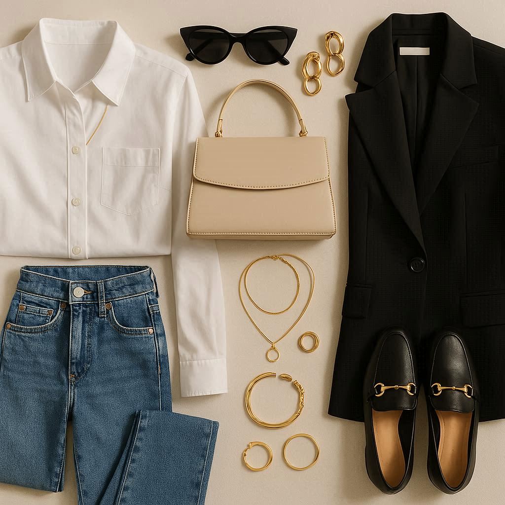 Flat lay of chic and affordable women’s fashion essentials for stylish outfits on a budget